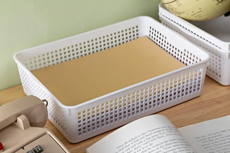Eslite A4 Size Plastic Storage Basket,Desktop File Paper Letter Organizer Tray, 6-Packs (White+Grey) - Image 4